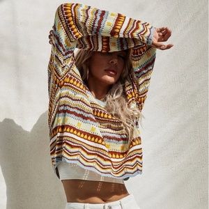 Multicolor Striped Pullover Sweater Hollow Out Knit